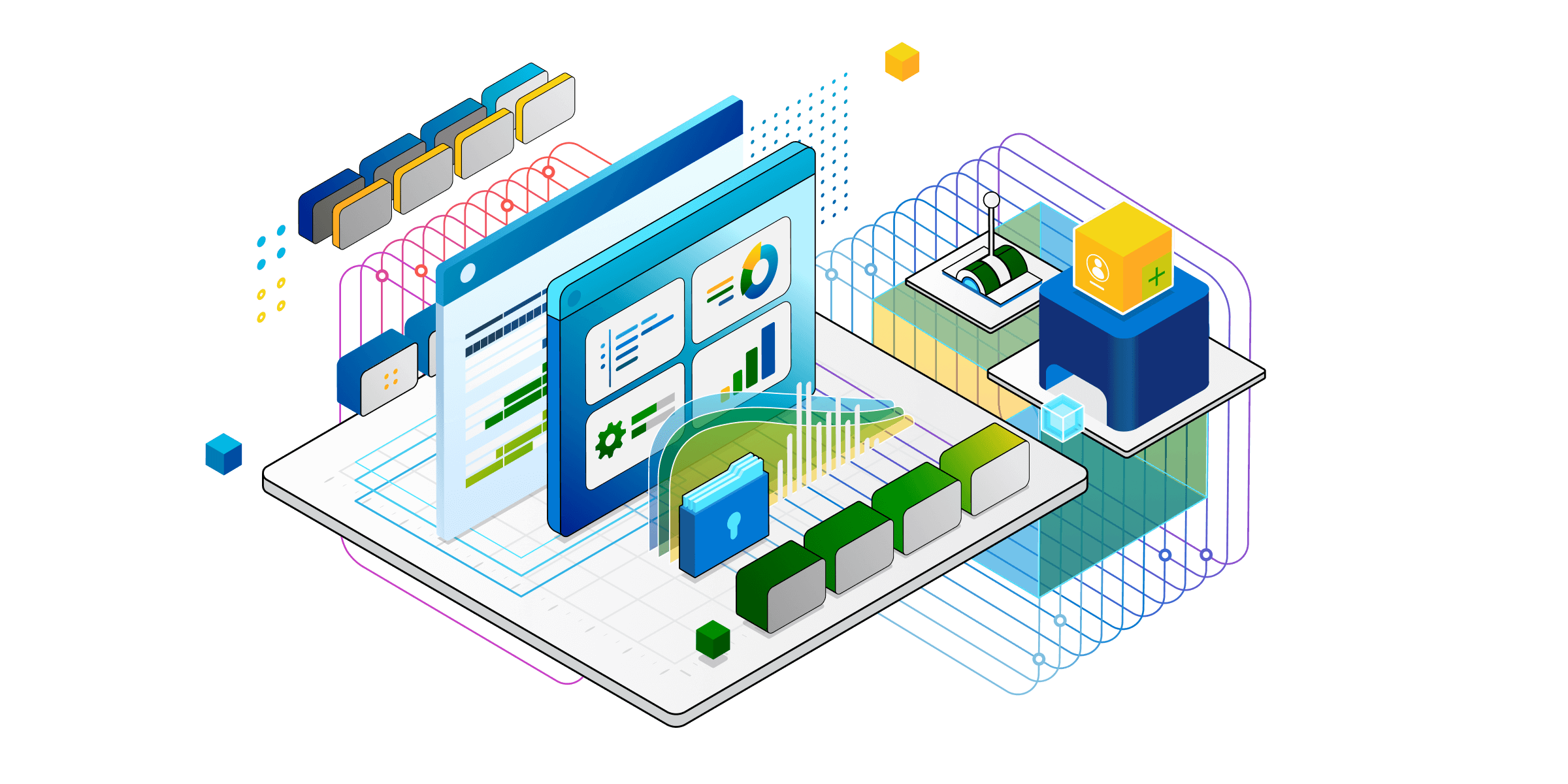 Izometrická ilustrácia technických komponentov pre služby Purview.