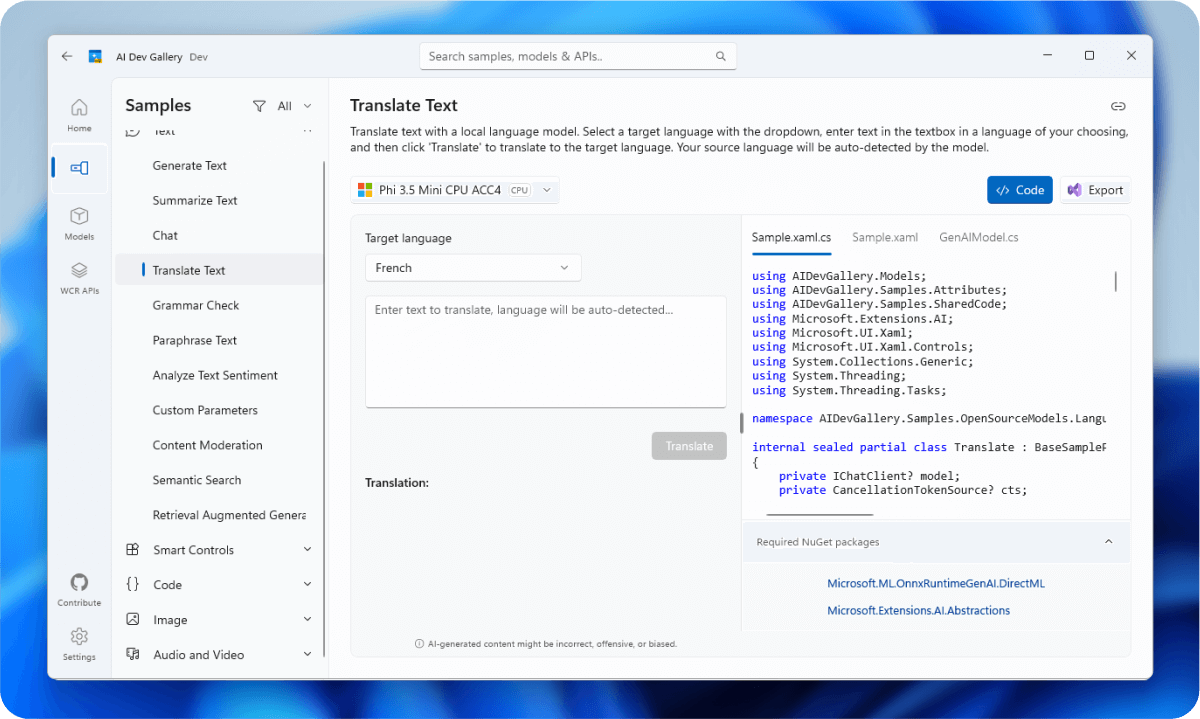 A screenshot of the AI Dev Gallery app displaying the source code for a Translate Text sample