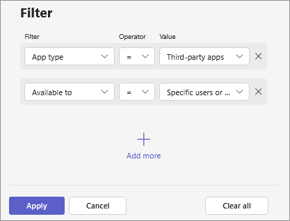 Screenshot showing how to filter apps by combining various criteria such as app availability, app type, and app status.