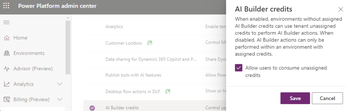 Снимак екрана опције која корисницима омогућава да конзумирају недодељене кредите у  Power Platform  админ центру.