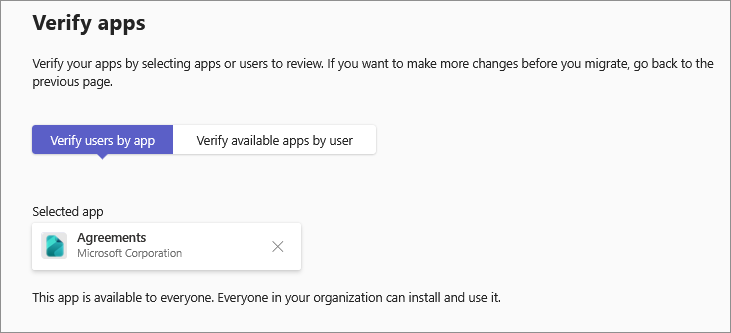 Screenshot showing the option to verify available of for each user and users who receive a particular app.