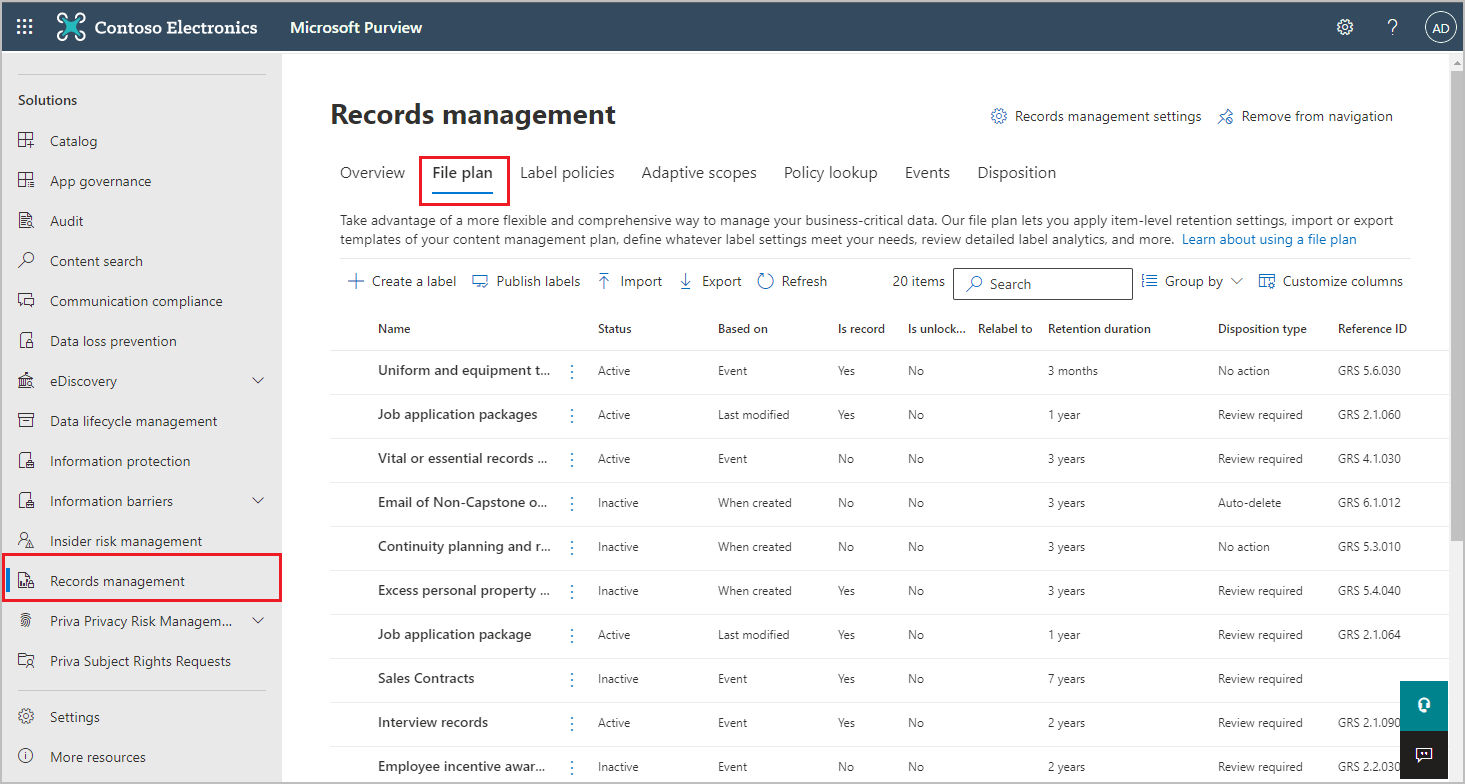 File plan page