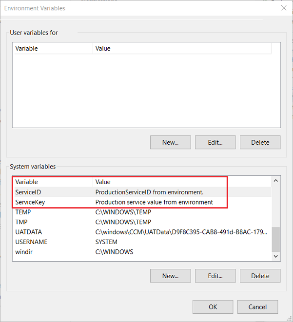 Screenshot shows the Environmental Variables editor with the ServiceID and ServiceKey variables highlighted.