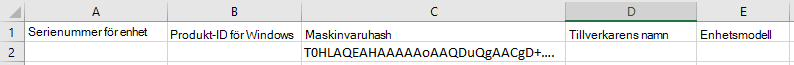 Skärmbild av en CSV-fil i Excel med ett hashvärde i kolumnen Maskinvaruhash.