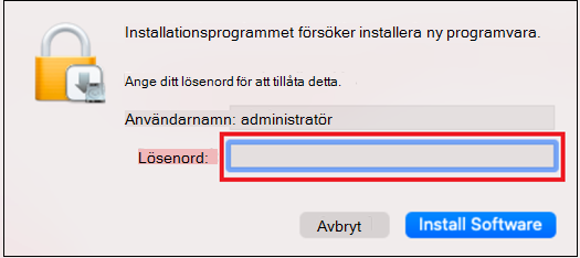 Skärmbild som visar dialogrutan lösenord.