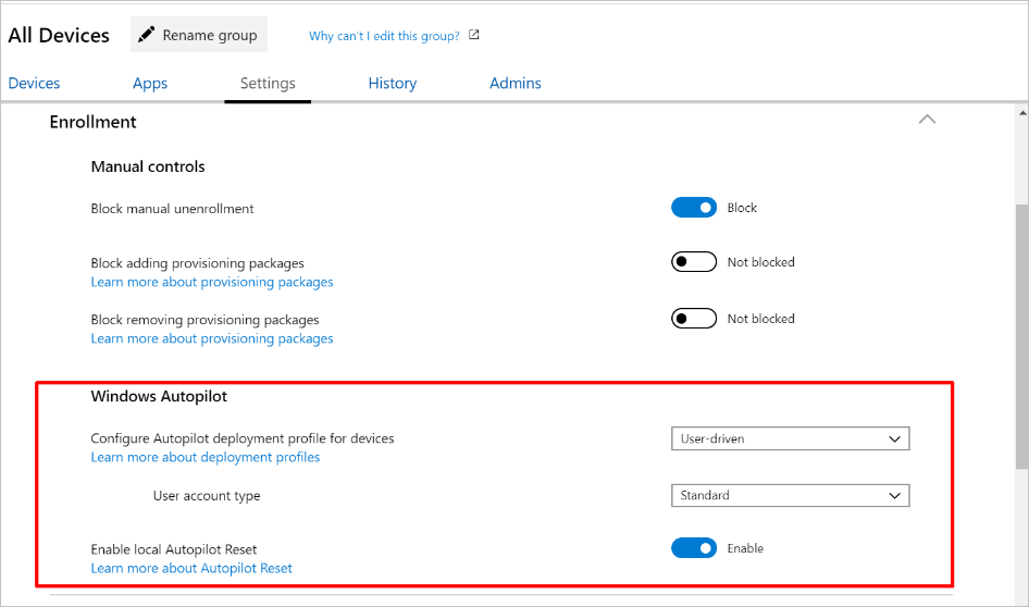 Skärmbild av gruppen Alla enheter, Registreringsinställningar, med fokus Windows Autopilot avsnitt.