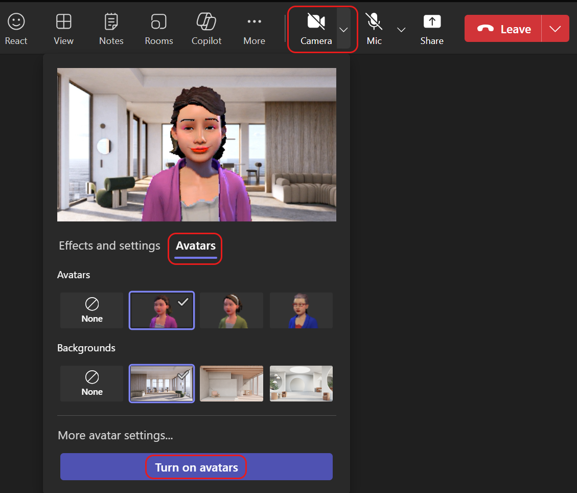 Avatarer är nu tillgängliga som alternativ till att aktivera kameran under ett Teams-möte.