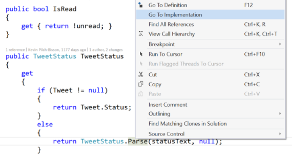 Image of the Go To Implemenation shortcut on the right-click menu