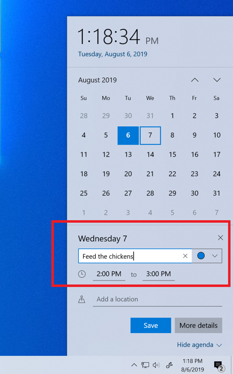 Quick Event Create from the Taskbar.