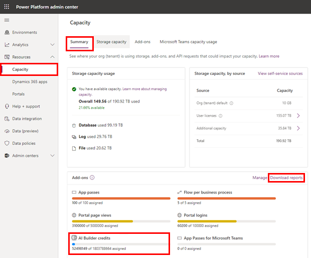 ภาพหน้าจอของหน้าความจุของศูนย์จัดการ Power Platform