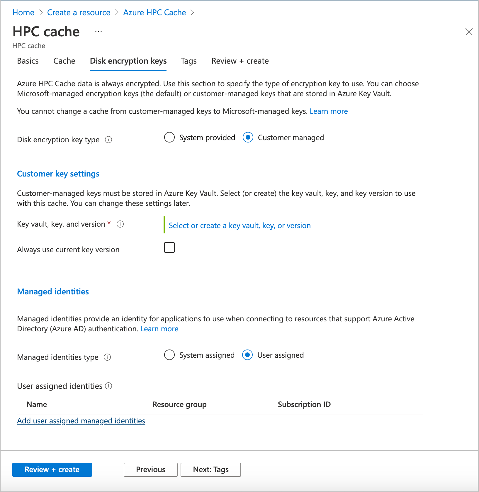 Screenshot of encryption keys page with "Customer managed" selected and the "Customer key settings" and "Managed identities" configuration forms showing.