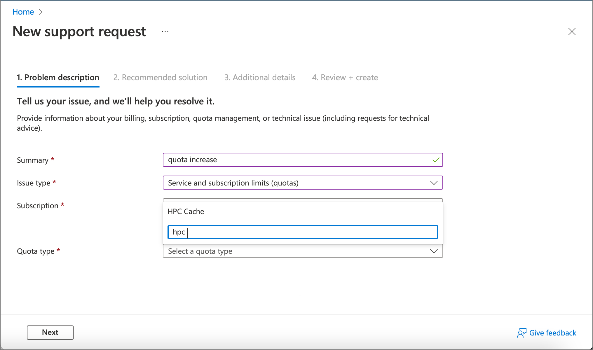 Screenshot of portal "quota type" field with "hpc" typed in the search box and a matching result "HPC Cache" showing on the menu to be selected.