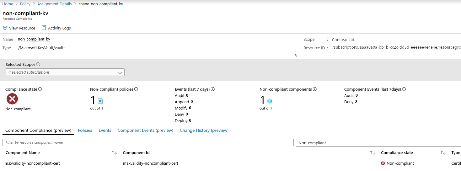 Screenshot that shows where you can view the name of the components within a vault that are non-compliant.