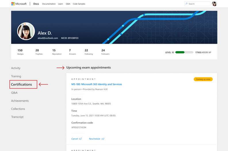 เว็บเพจ Microsoft Learn ที่แสดงเมนูทางด้านซ้ายพร้อมใบรับรองที่มีการไฮไลต์การนัดหมายการสอบที่กําลังจะเกิดขึ้นและเน้น