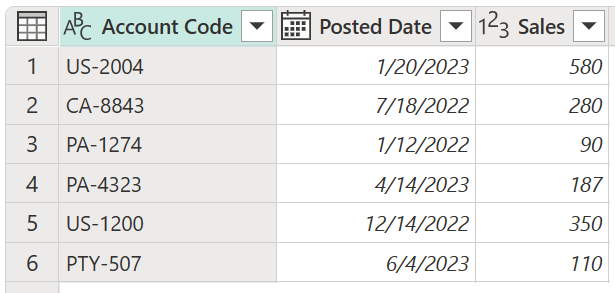 สกรีนช็อตของตารางตัวอย่างที่มีรหัสบัญชีที่ขึ้นต้นด้วยอักขระที่แตกต่างกันสองหรือสามตัว