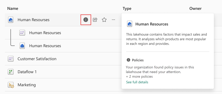 Screenshot of policy tip icon in the OneLake data hub.