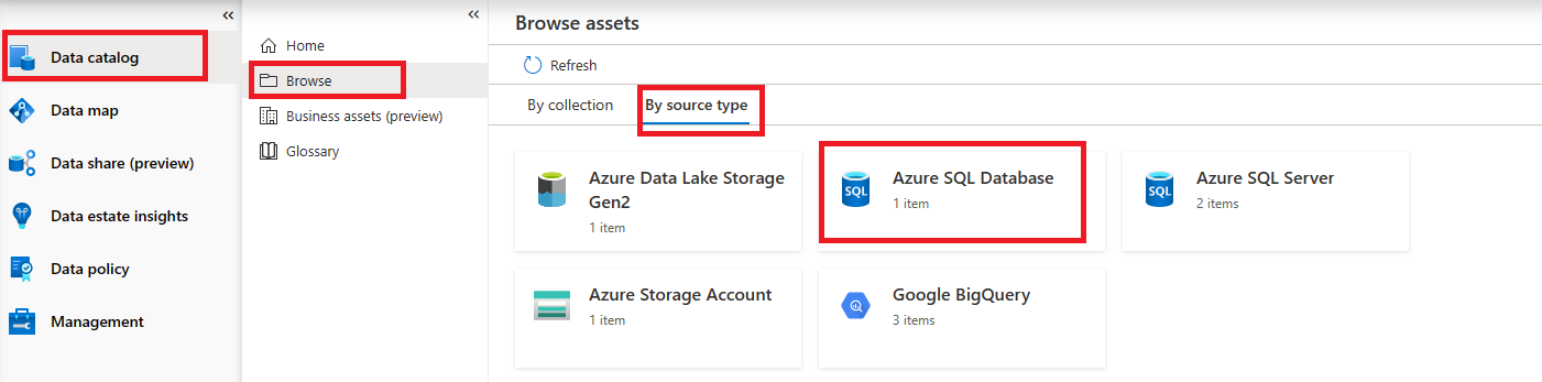 Screenshot of the portal showing the path from Unified Catalog to Browse to By source type and the asset highlighted.