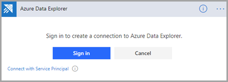 Oturum açma seçeneğini gösteren Azure Veri Gezgini bağlantısının ekran görüntüsü.
