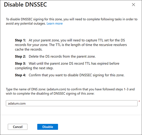 DNSSEC'i devre dışı bırakma bölmesinin ekran görüntüsü.