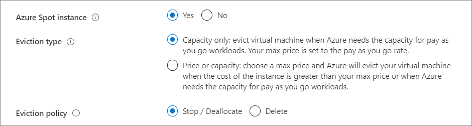 Evet'i seçmek için ekran görüntüsü, Azure spot örneği kullanma