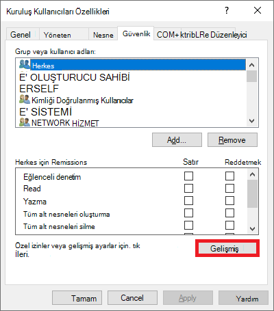 Gelişmiş güvenlik ayarlarının ekran görüntüsü.