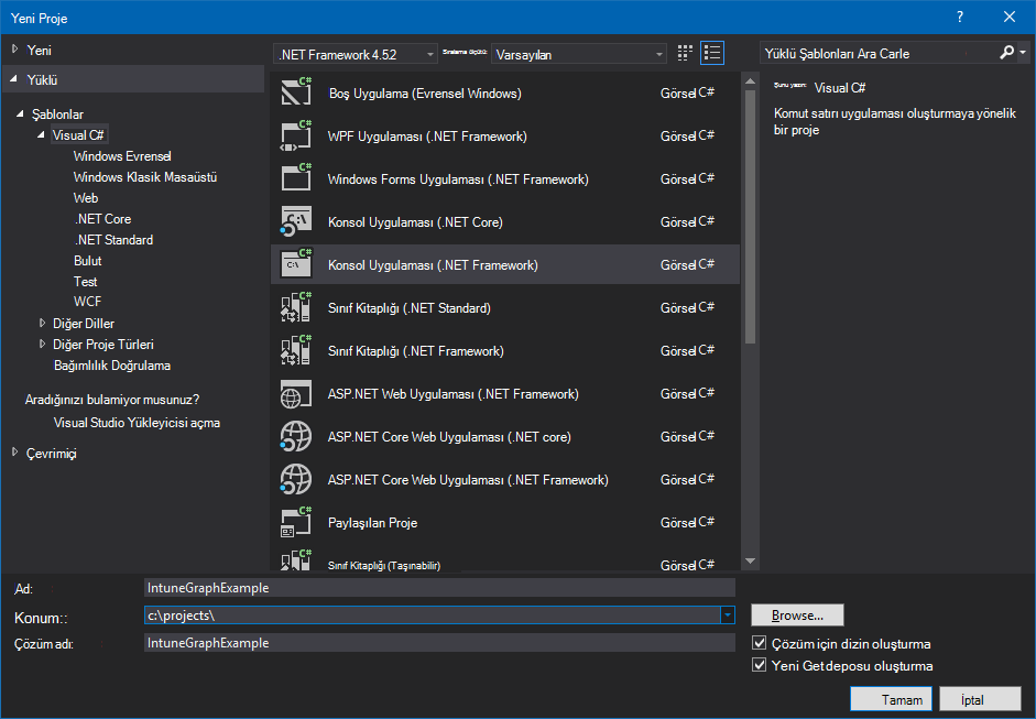 Visual Studio'da C# konsol uygulaması projesi oluşturma