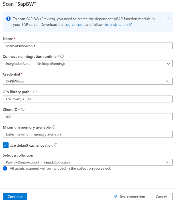 Screenshot of setting up an SAP BW scan.