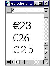 The euro symbol as it appears in Courier New, Times New Roman and Arial.