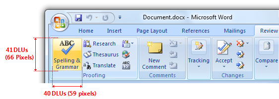 41 DLU yüksekliği ve 40 DLU genişliğiyle 'A B C Spelling & Grammar' düğmesinin vurgulandığı Microsoft Word araç çubuğunu gösteren ekran görüntüsü.