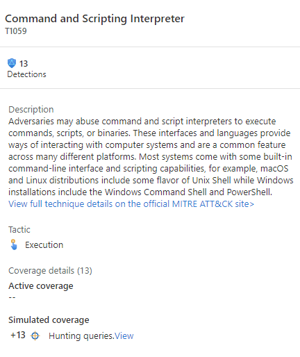 Screenshot shows the MITRE ATT&CK card view with the Hunting queries view link.