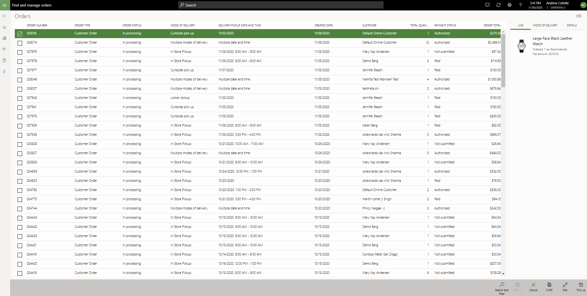 Filter for pickup delivery modes applied to a list of recall orders.