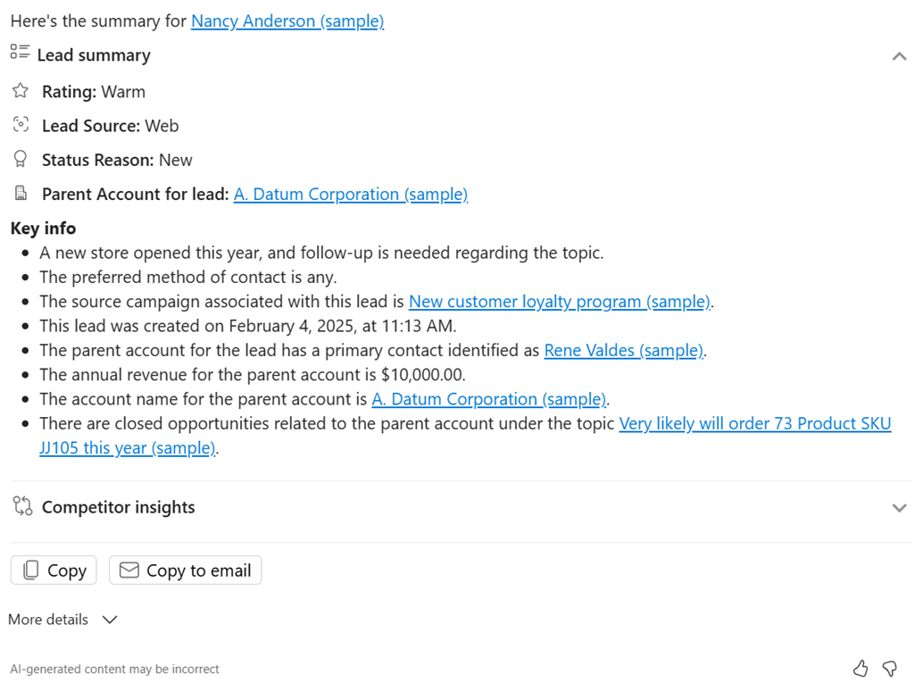 Скріншот підсумку ліда Copilot у Dynamics 365 Sales.
