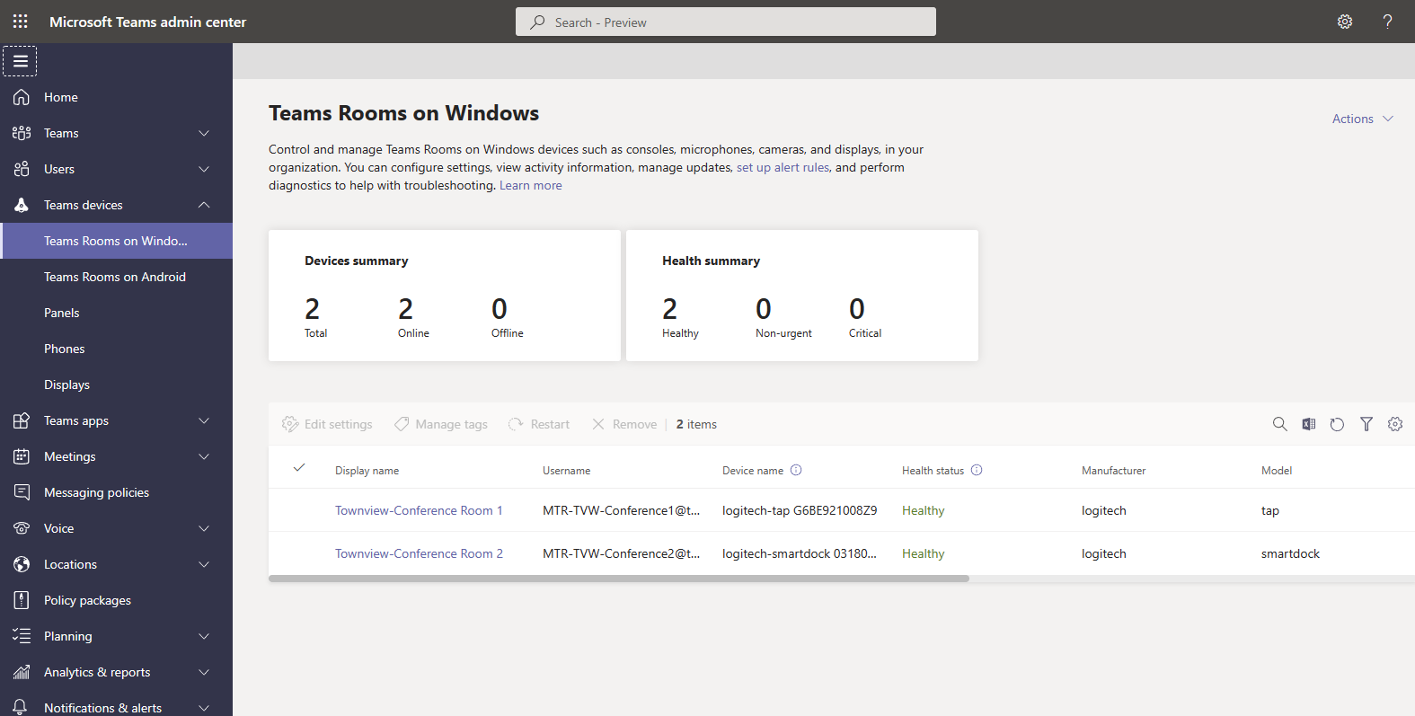 Teams Rooms summary page in Teams admin center.