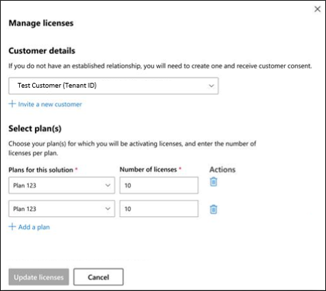 Screenshot that shows the Manage licenses form.