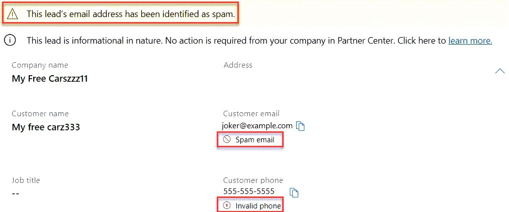 Screenshot that shows a lead in Partner Center with spam warnings highlighted.