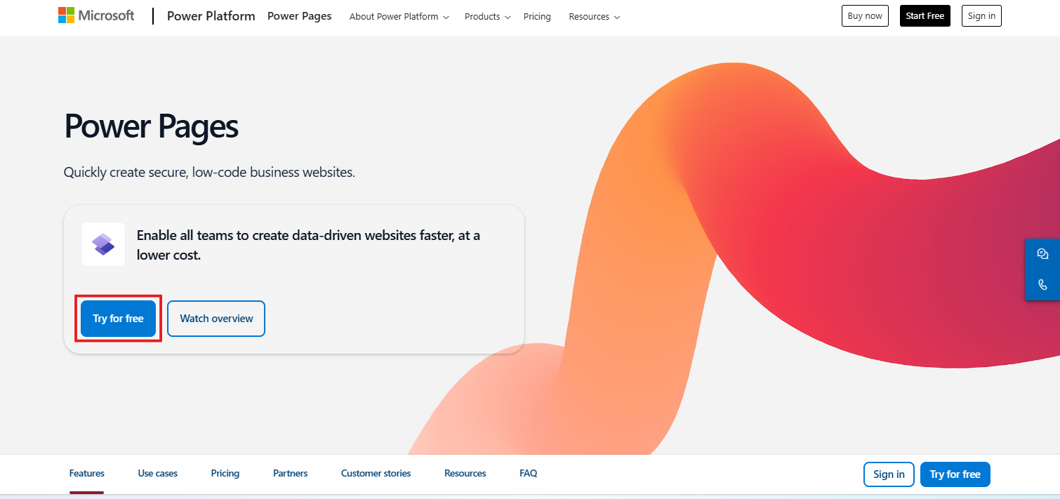 Головна сторінка Microsoft Power Pages з виділеною кнопкою «Спробувати безплатно».