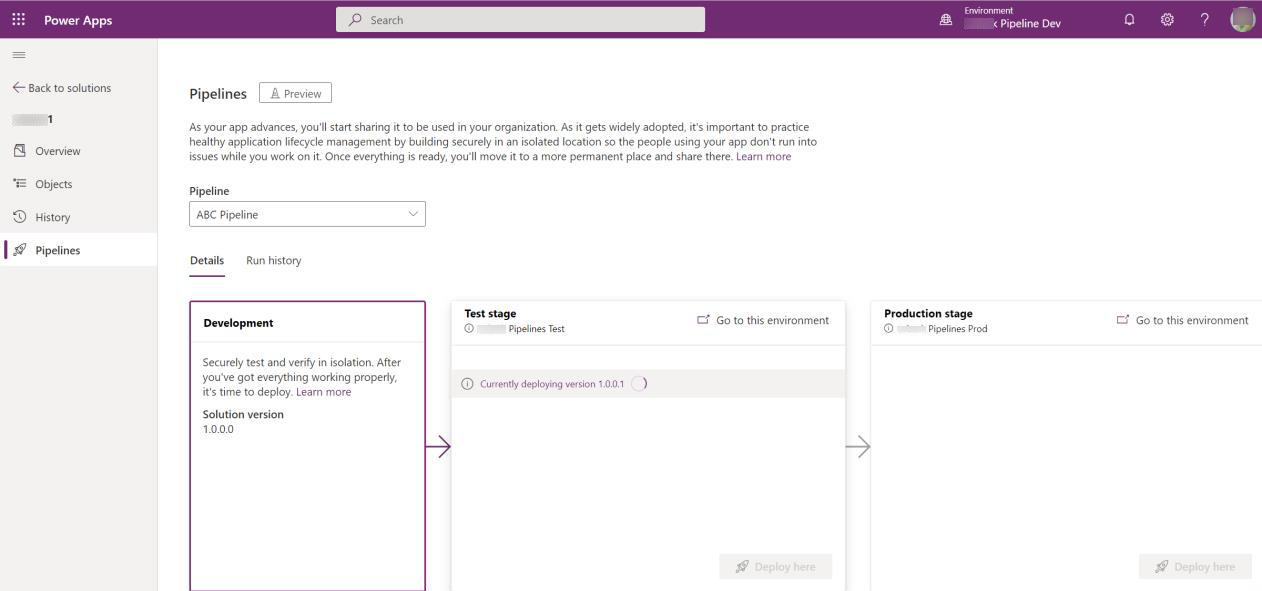 Example of the deployment Pipelines feature