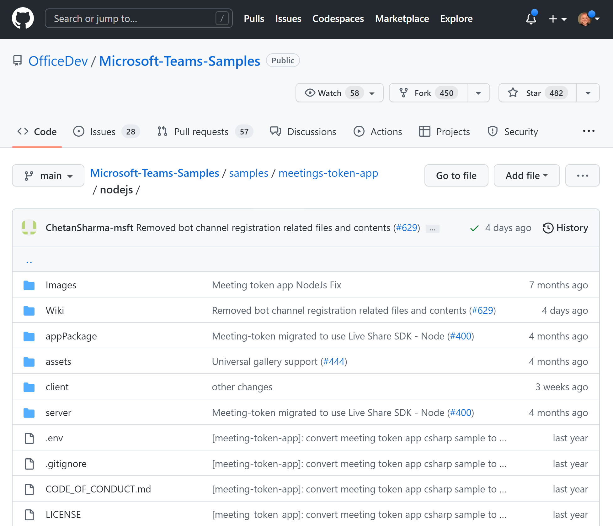 Screenshot of the GitHub code repo for Meetings Token Application for Teams