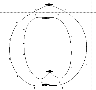 Screenshot showing a distorted letter o with highlighted horizontal control points.