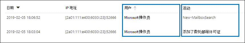 筛选“Microsoft作员”以显示审核记录