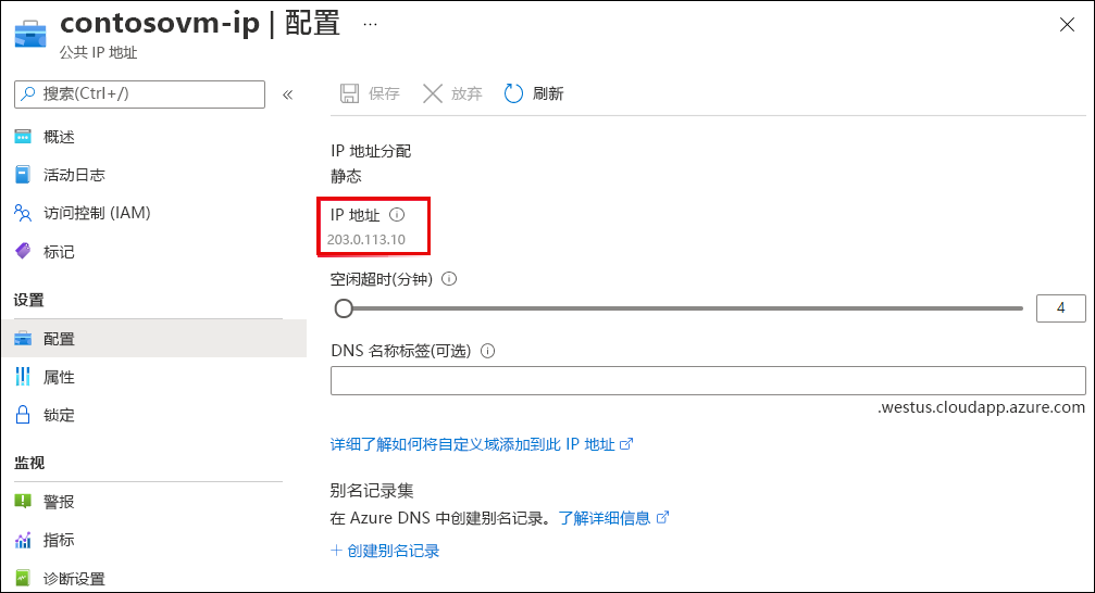 公共 IP“配置”页面的屏幕截图。