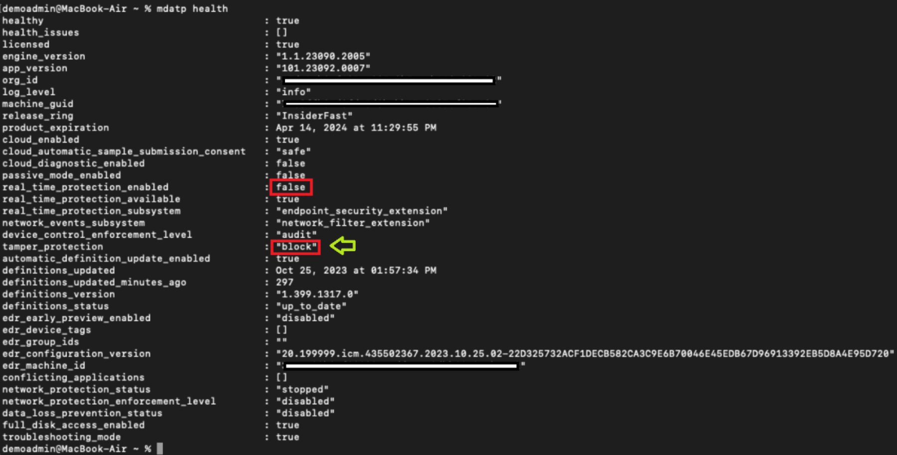 显示 mdatp 运行状况运行的输出报告的屏幕截图的 Screnshot。