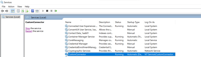 显示正在运行的 CustomConnector 的 services.msc 的屏幕截图