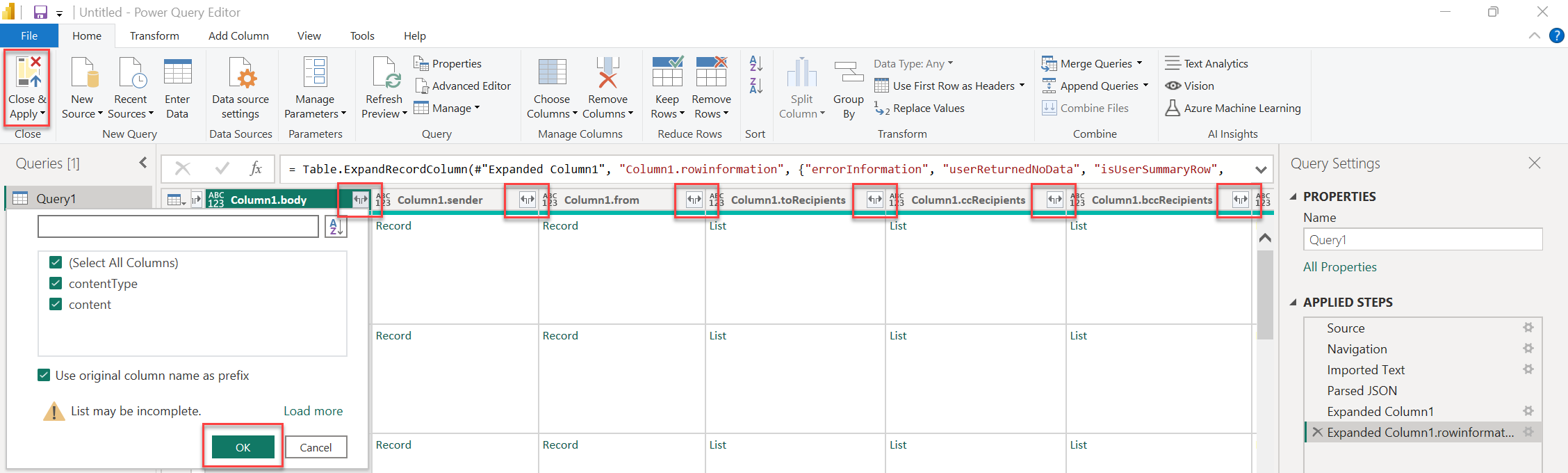 显示如何在 Power BI 中加载所有列的屏幕截图。