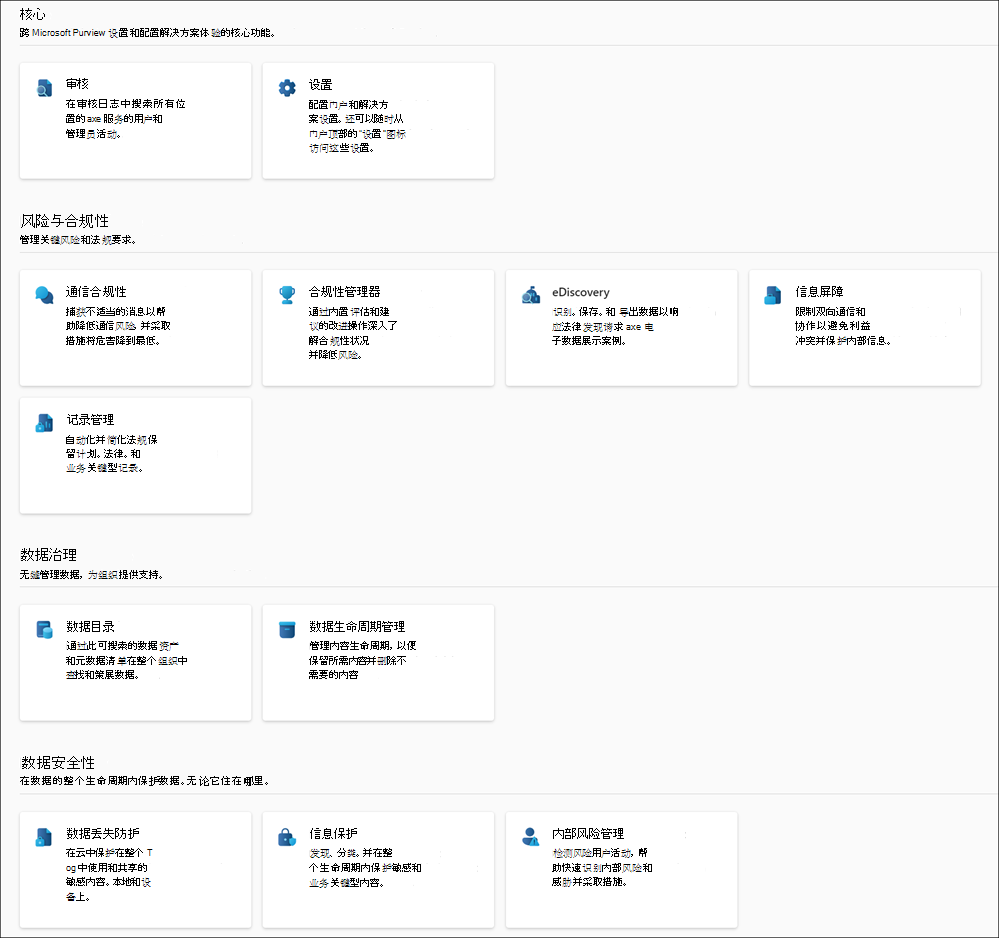 Microsoft Purview 门户解决方案页。