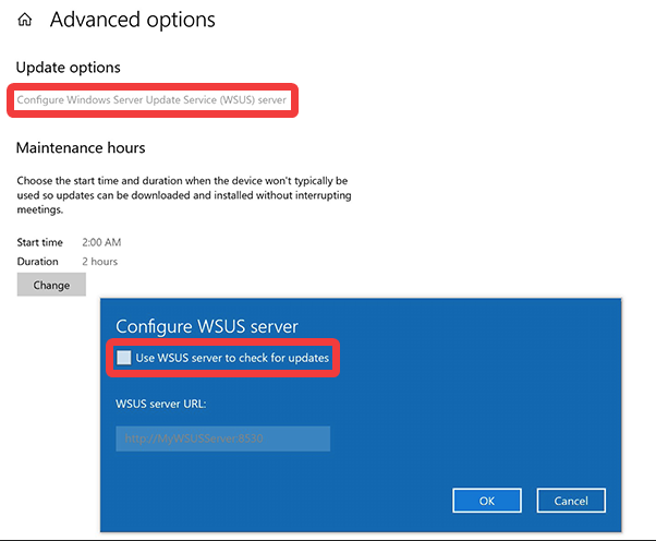 显示在何处查找 Surface Hub WSUS 配置设置的图像。