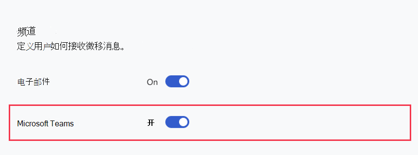 在 Nudges 收件人组的“收件人组设置”部分中，Microsoft Teams 切换为“开”的屏幕截图。