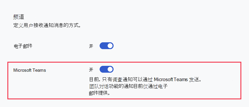 Glint调查的“通信”部分中切换到“开”的Microsoft Teams 开关的屏幕截图。