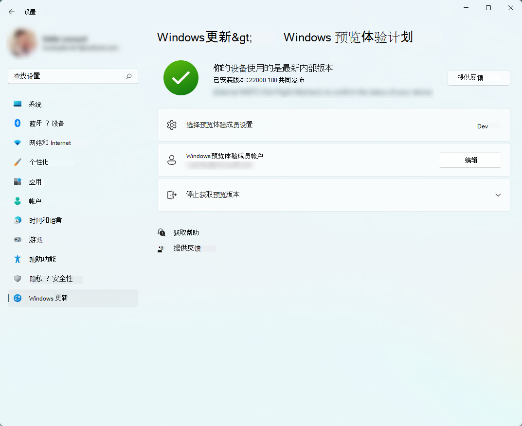 “设置”中的“Windows 预览体验计划”部分，其中显示了你的频道和与设备绑定的预览体验成员帐户。