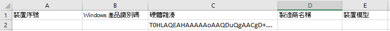 Excel 中具有 [硬體哈希] 數據行中哈希值的 CSV 檔案螢幕快照。